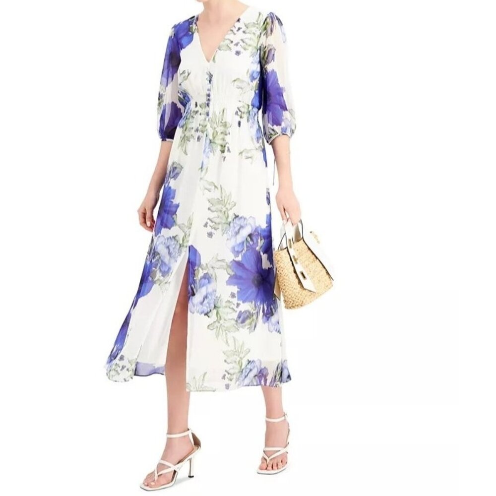 TAYLOR Floral Printed Smocked-Waist Dress Chiffon Button Front Midi Dress‎ Sz 10